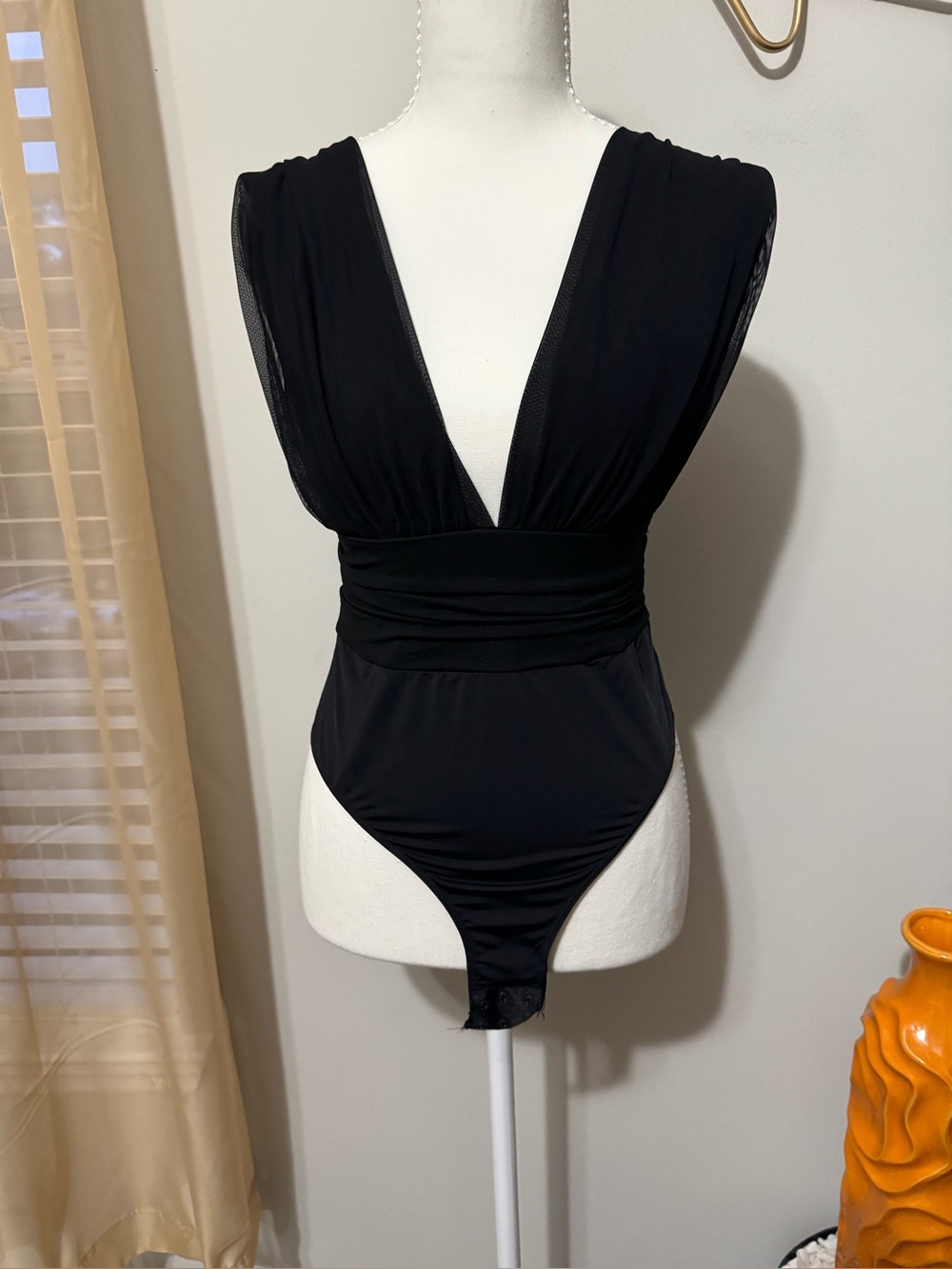 Classic Black Deep V Bodysuit with Ruched Waist